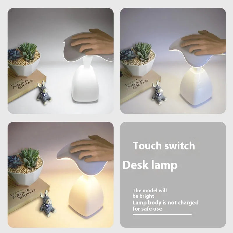 White modern LED bedside lamp with touch control and plastic shade