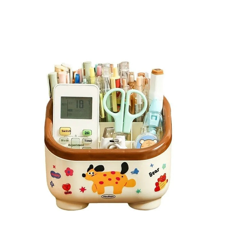 Cartoon design plastic desktop organiser with 2L capacity storage box and grid pattern for stationery organisation