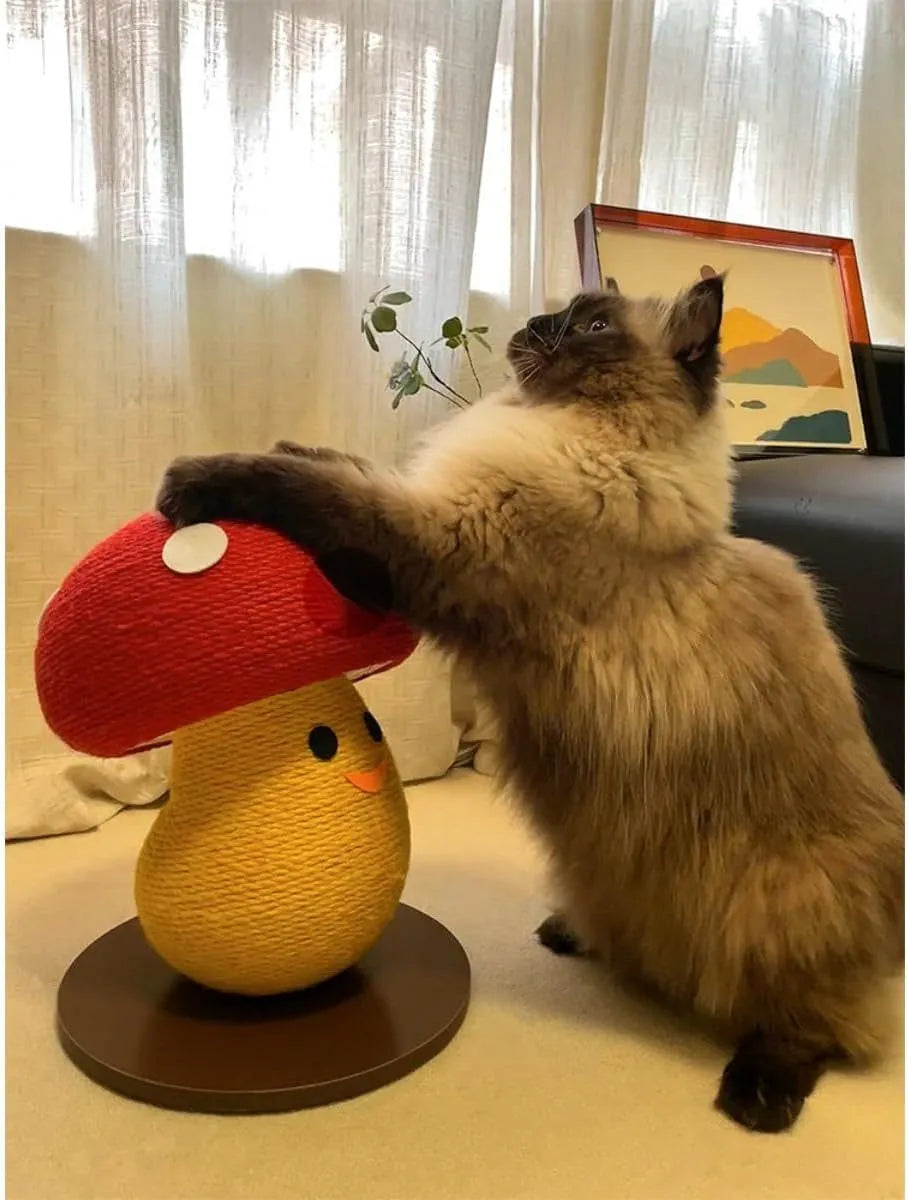 Round mushroom-shaped cardboard cat scratcher with foldable accordion design for furniture protection