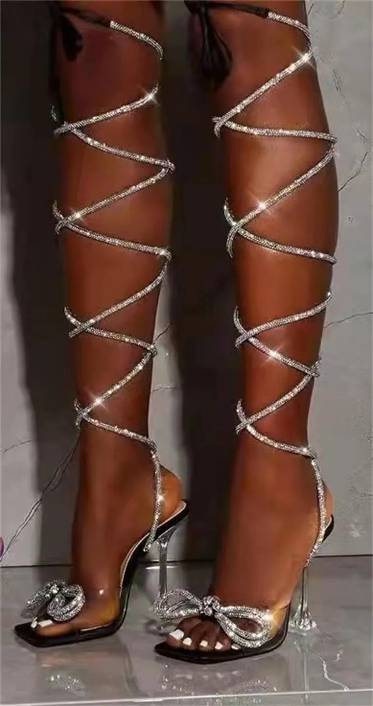 Plus size women's strappy sandals with rhinestone Roman-style straps and square toe in three colour options