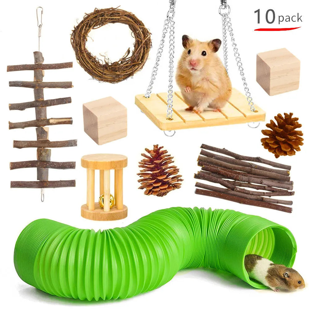 Assortment of wooden pet toys for rabbits guinea pigs and parrots in a set