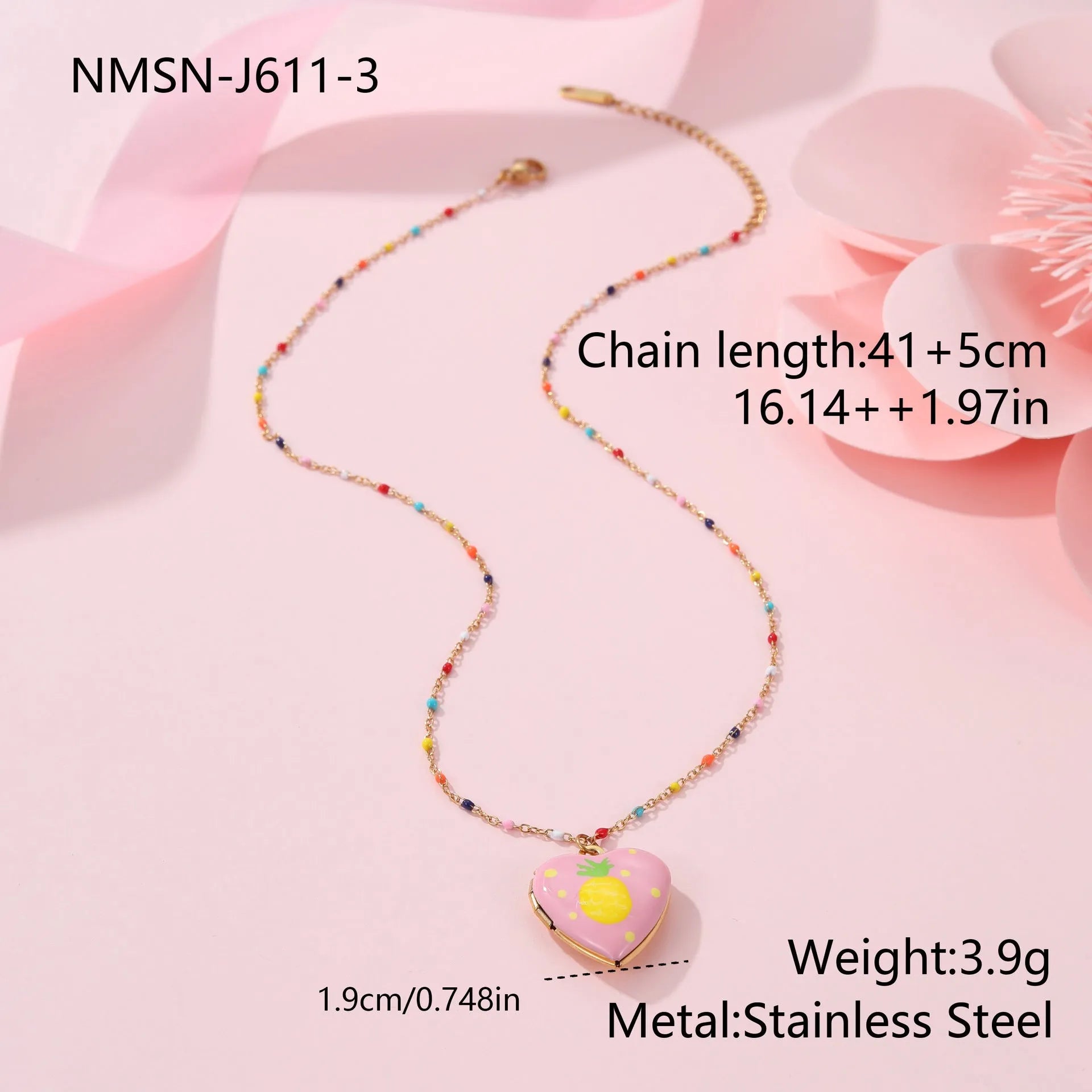 Stainless steel fruit pendant necklace with 18K gold plating on 41-50cm chain