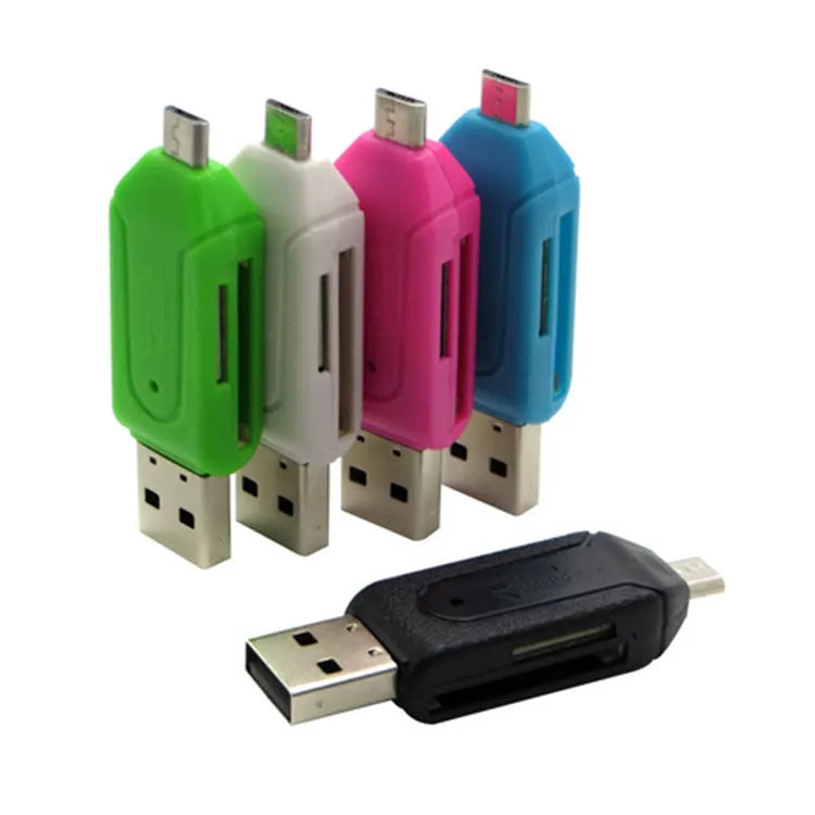 OTG card reader with micro USB connector for Android phones and standard USB for computers