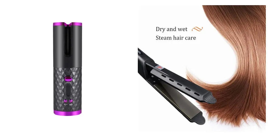 White portable mini curling iron with USB charging cable and gold ceramic barrel.