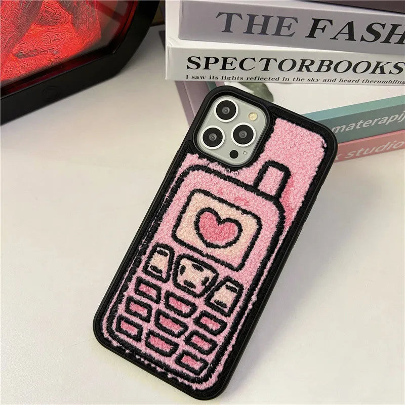 Pink TPU iPhone back case with a unique towel embroidery texture on the rear.