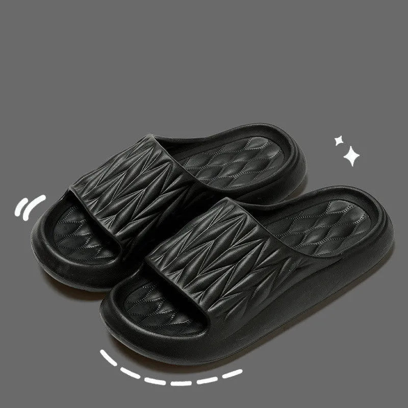 Leaf texture design EVA slippers for indoor use, shown in available colours.