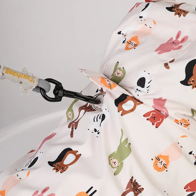 Cartoon dog raincoat with double waterproof coating in beige colour with cat head design
