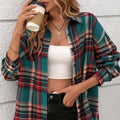 Women's loose-fit retro plaid cotton shirt in black, shown front-on with long sleeves.
