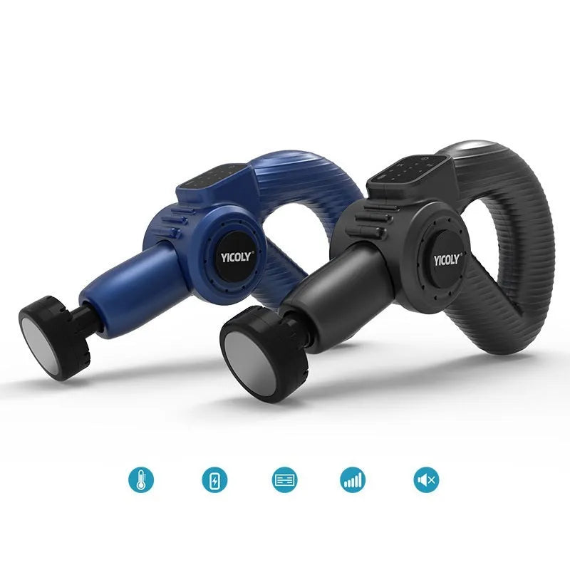 Black intelligent muscle massage gun with adjustable angle, five massage heads, and a storage bag.