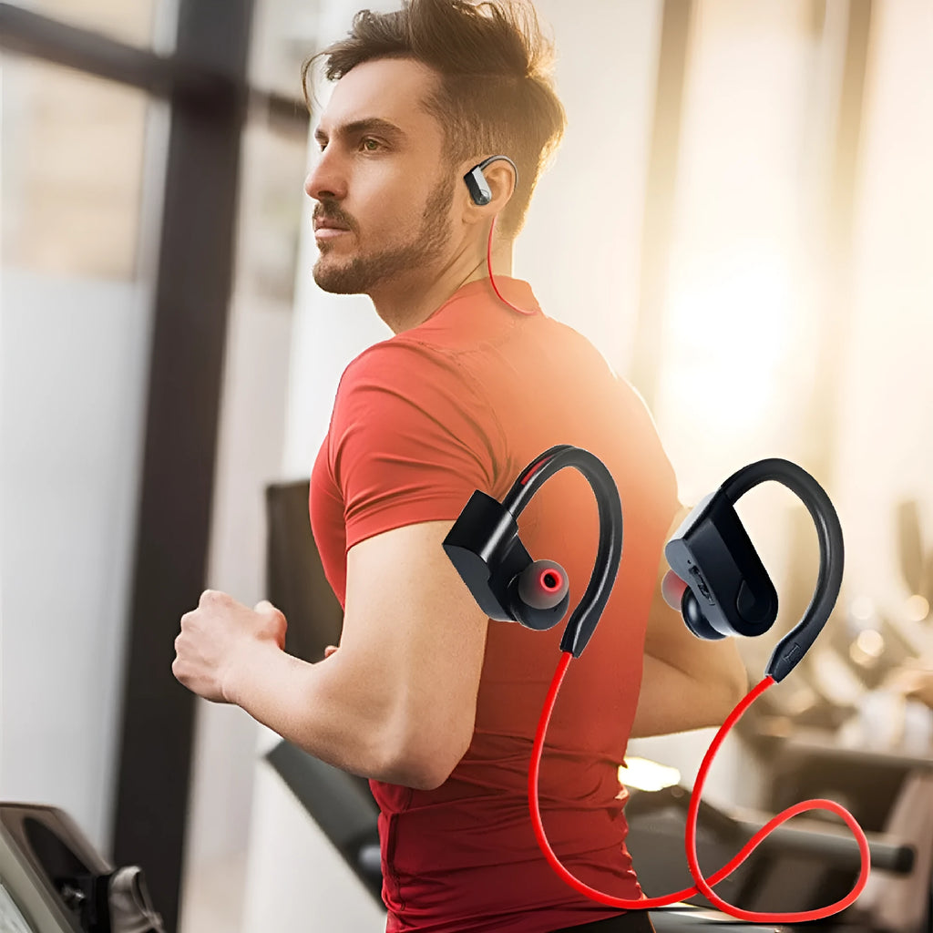 Black wireless neckband Bluetooth earphones with earbuds and USB charging cable