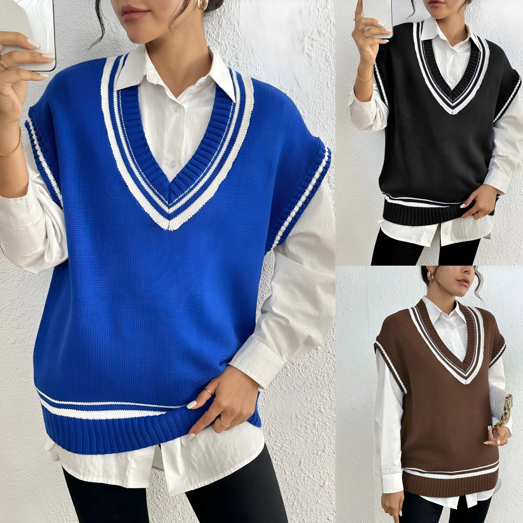 Women's loose fit college style vest sweater in blue, coffee, or black colour.