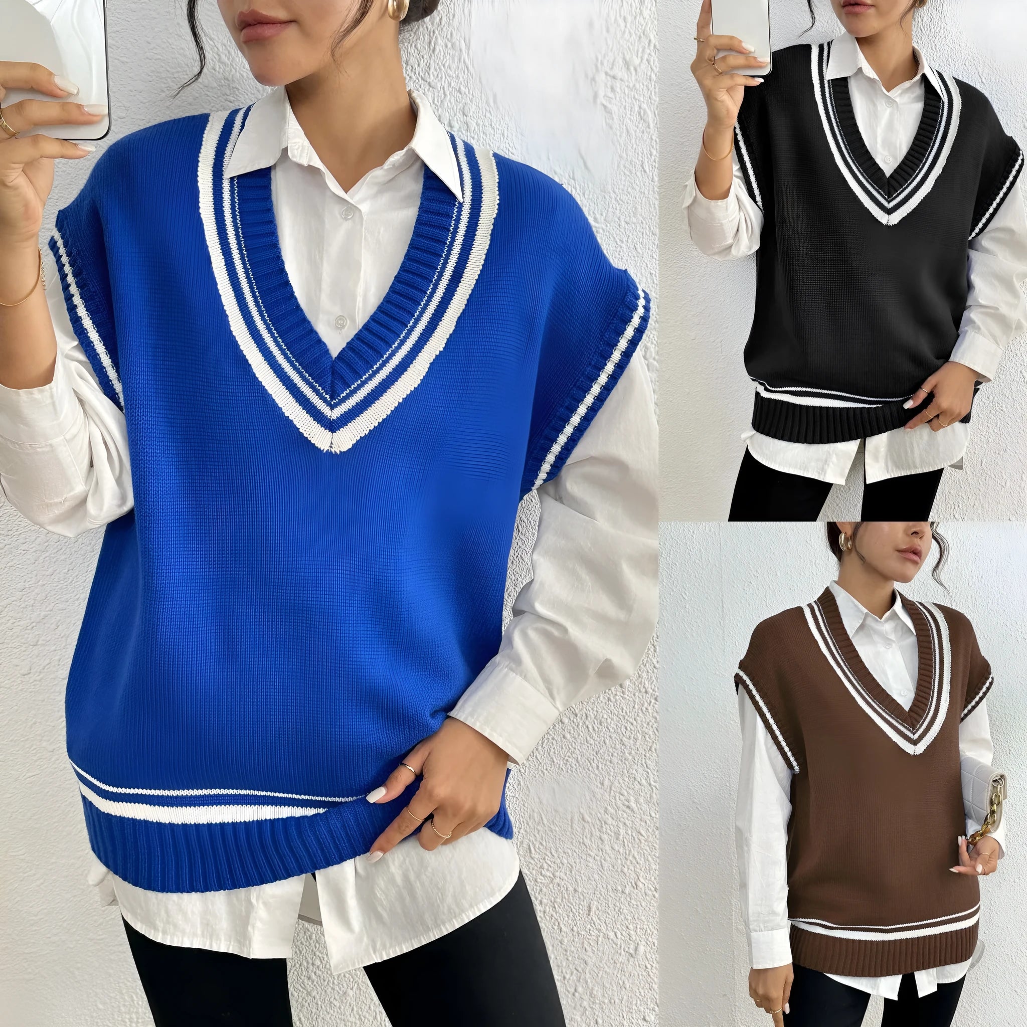 Women's loose fit college style vest sweater in blue, coffee, or black colour.
