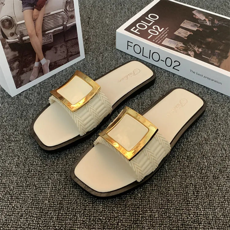Women's flat summer slippers in apricot, black, or khaki with a lightweight PVC sole.