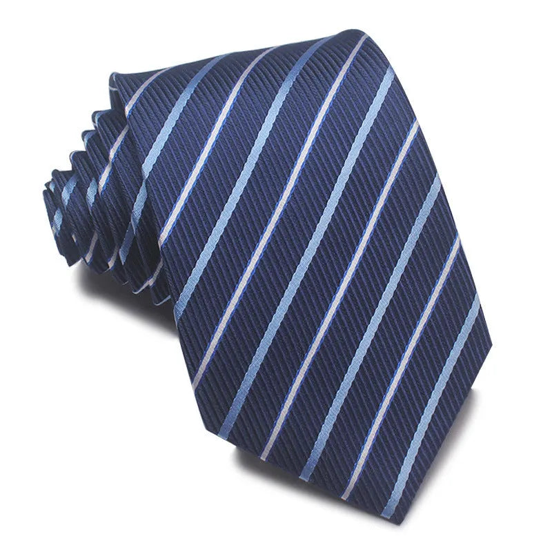Men's 8cm polyester jacquard striped business tie in red black and blue formal arrow type