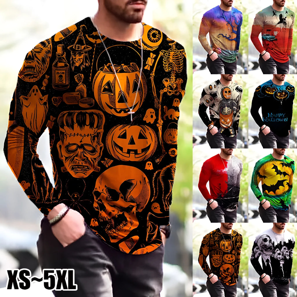 Men's camouflage print long-sleeved T-shirt with round neckline on white background