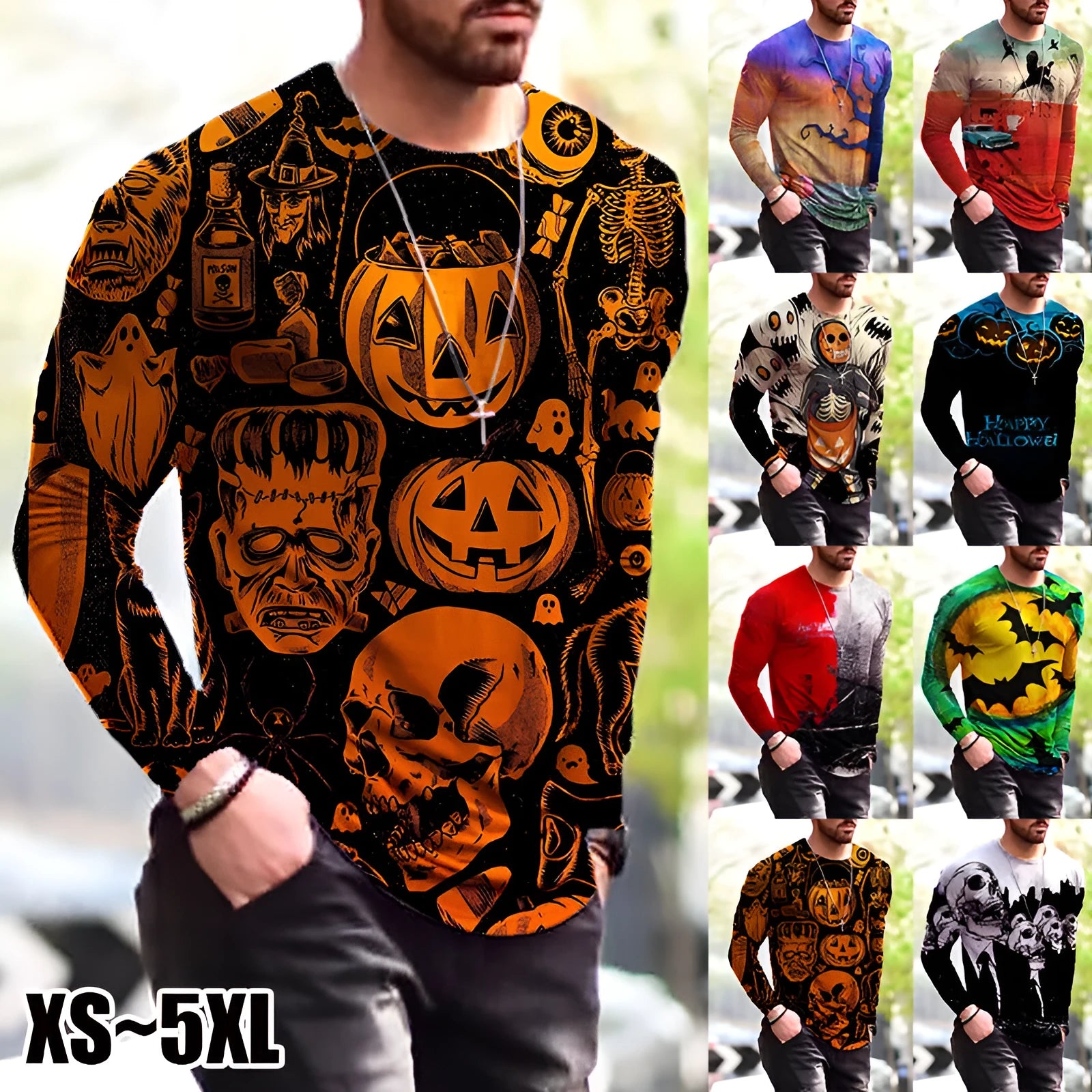 Men's camouflage print long-sleeved T-shirt with round neckline on white background