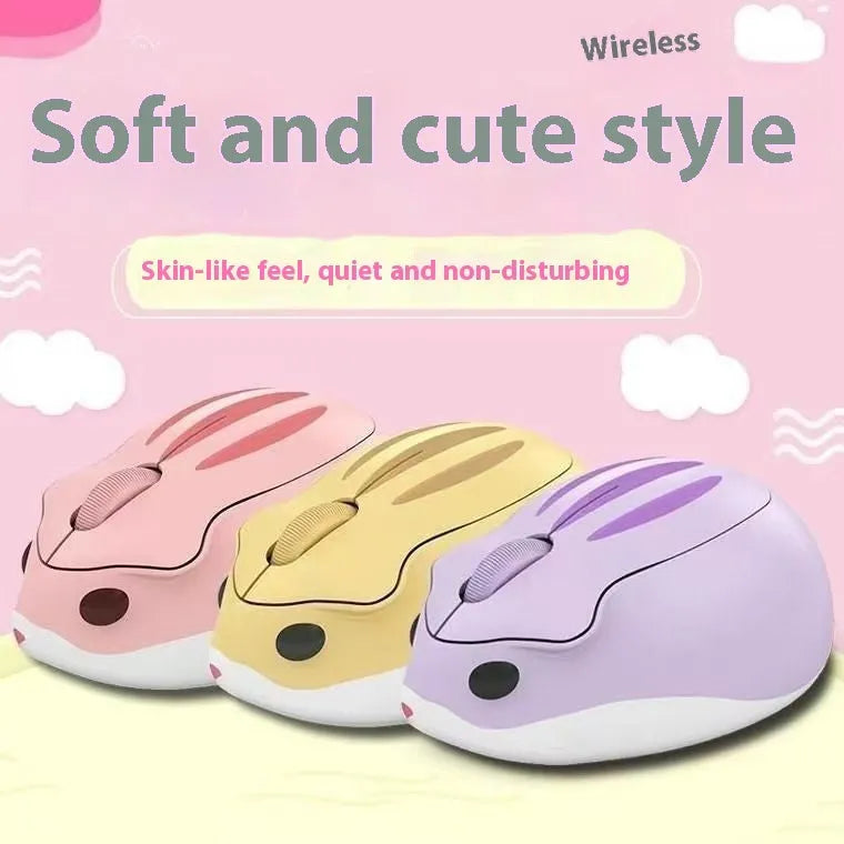 Hamster Bluetooth wireless mute mouse in yellow, pink, or gray colour showing compact 105x73x41mm size