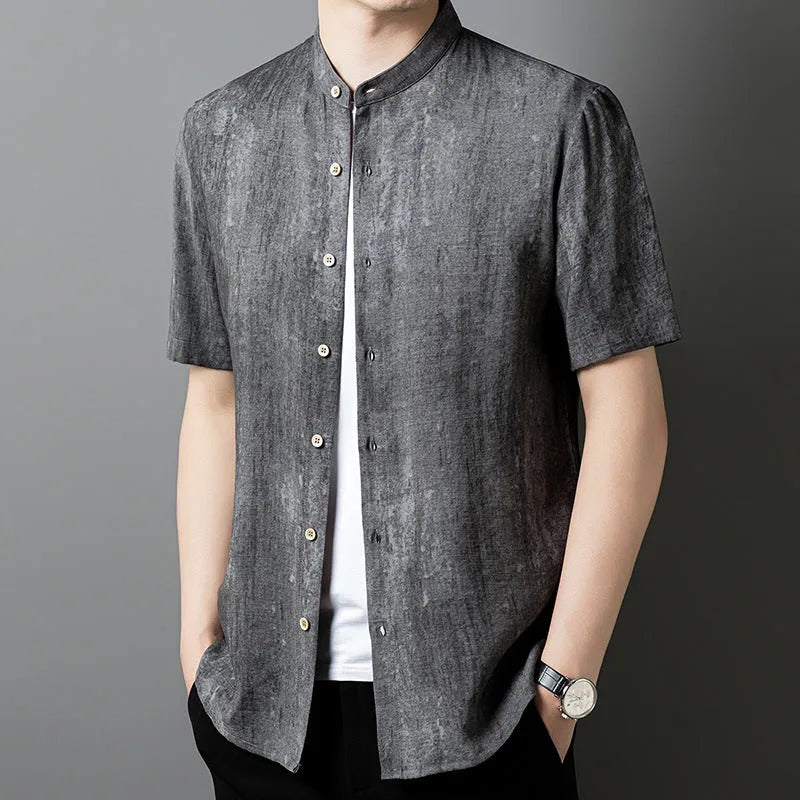 Men's loose fit linen blend shirt with stand collar in solid colour options