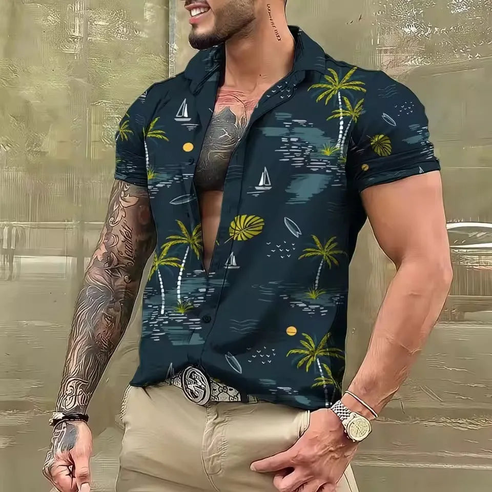 Men's loose-fit short sleeve shirt with a colourful floral pattern, shown in a casual cardigan style.