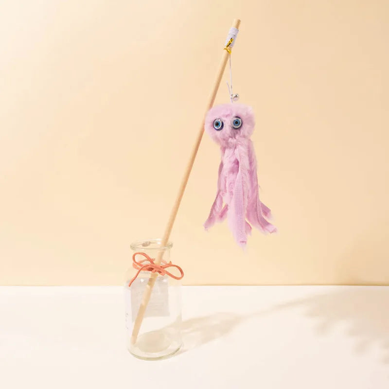 Octopus theme cat toy with long stick handle in bright pink purple red grey colours