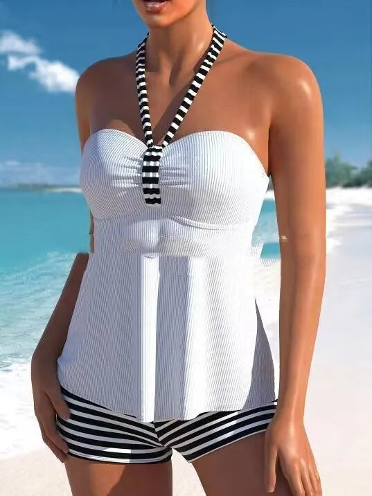 Women's black and white striped off-shoulder swimsuit briefs set