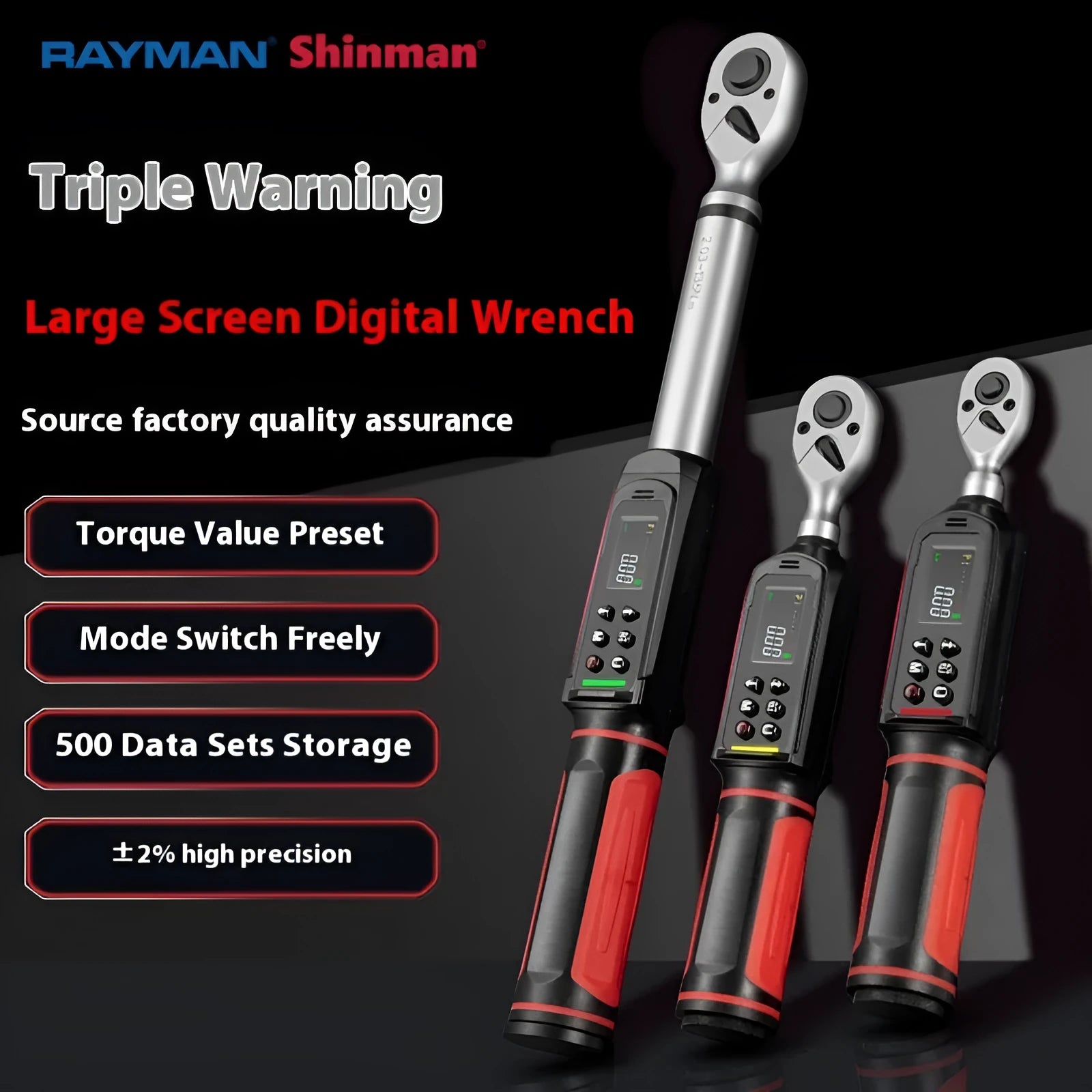 Electronic digital torque wrench with LCD screen and chrome-vanadium steel body.
