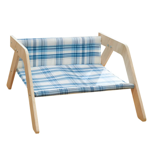 Wooden elevated cat bed with blue cloth cushion for indoor cats