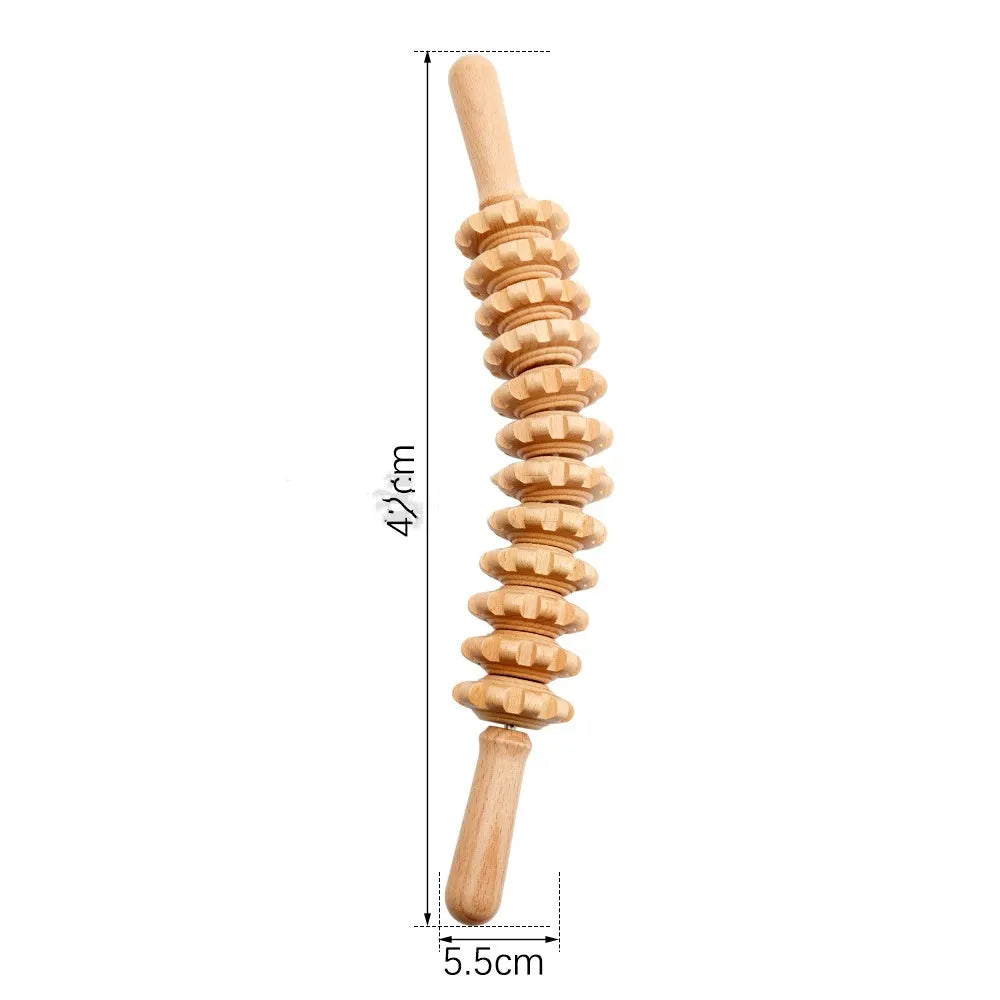 A set of natural beech wood massage rollers including T-shaped and multi-wheel tools for muscle relief.