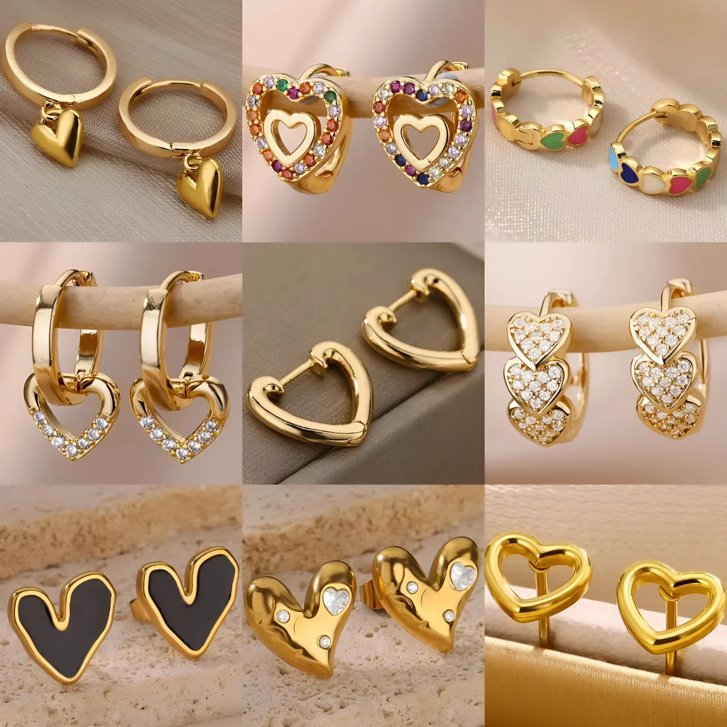 Stainless steel heart-shaped zircon stud earrings with ear clip fastening