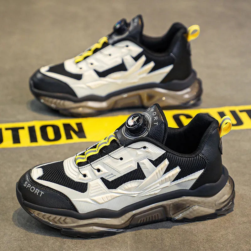 Men's black rotating button dad shoes with mesh upper and platform sole.