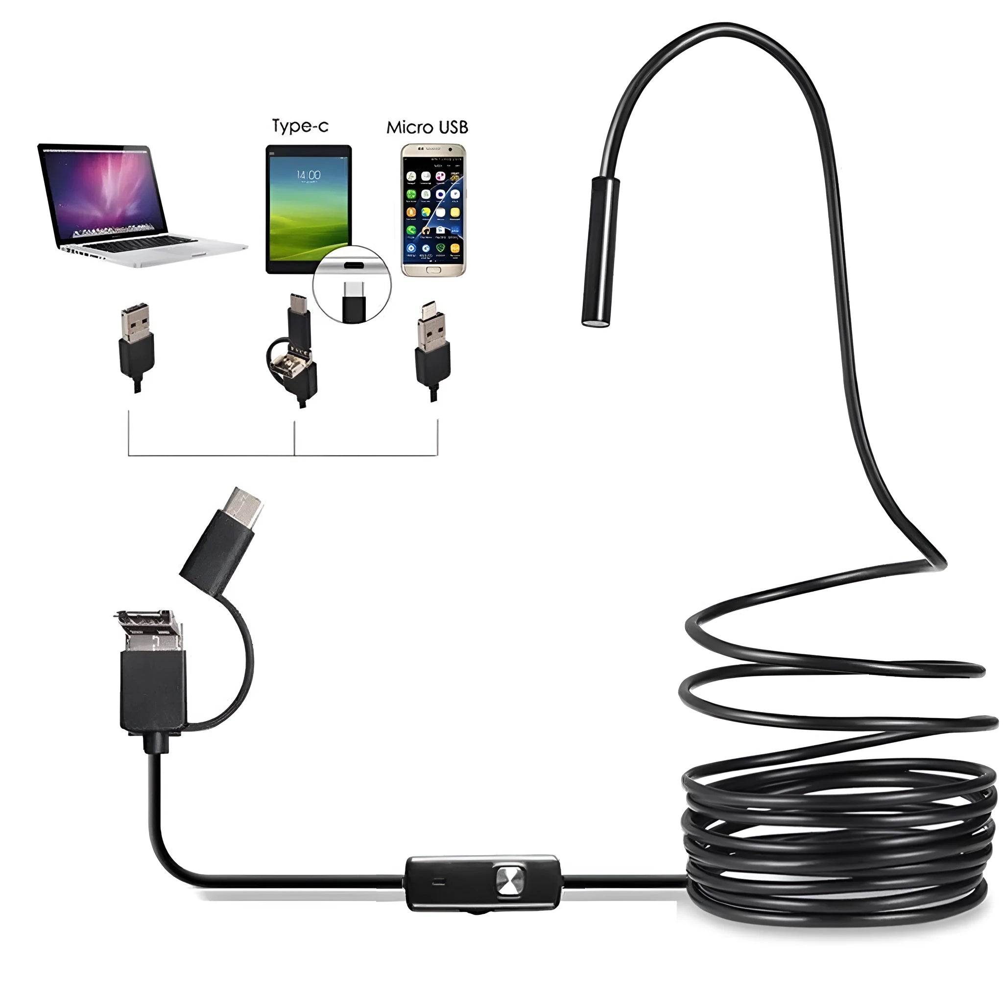 Three-in-one Type-C USB Android mobile phone endoscope with flexible waterproof cable and inspection attachments