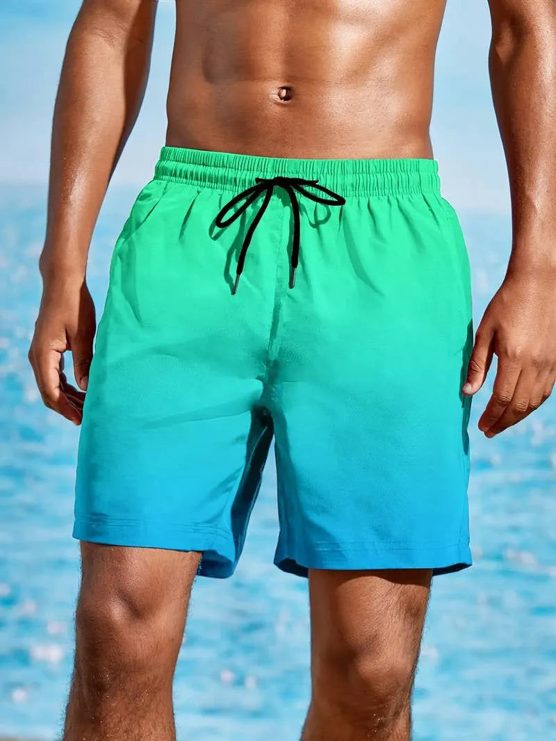 Men's gradient colour 3D printed mesh sports shorts showing elastic fabric and shorts length.