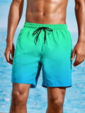 Men's gradient colour 3D printed mesh sports shorts showing elastic fabric and shorts length.