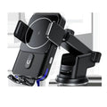 Black car wireless phone charger holder showing both clip and suction cup mounting options