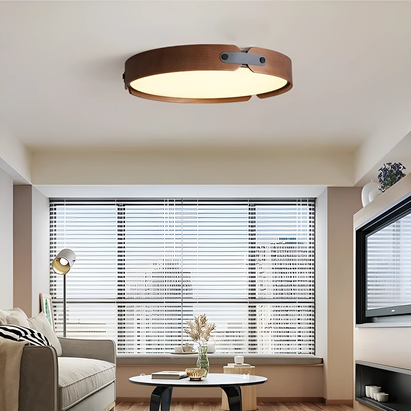 Japanese-style wooden ceiling lamp with PMMA shade in log and walnut finishes