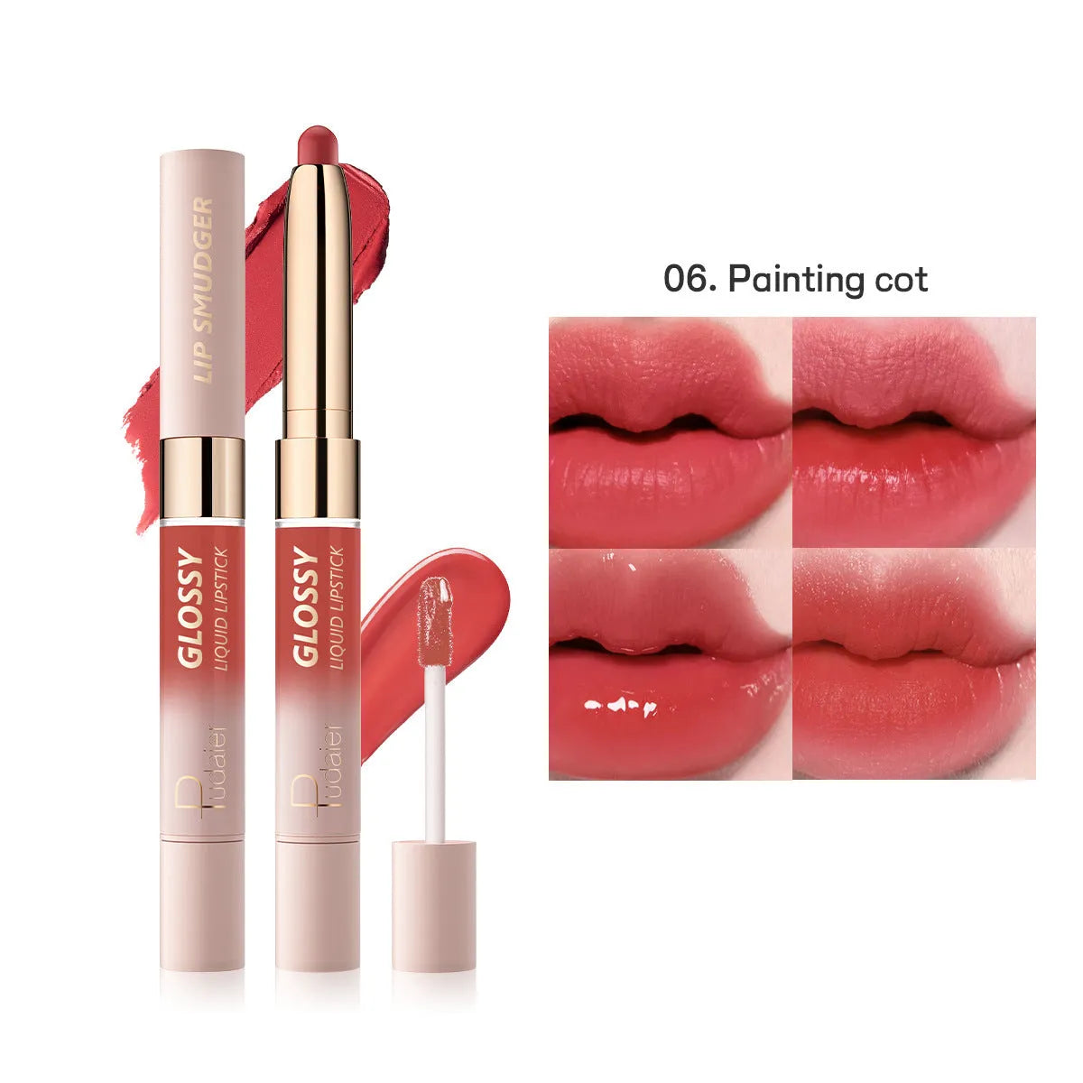 Double-headed lipstick showing matte and glossy finishes in one of 10 available colours