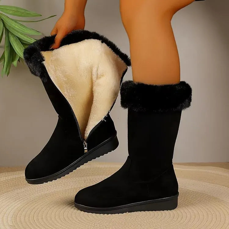 Fleece-lined mid-calf snow boots in black, with waterproof platform sole and round toe