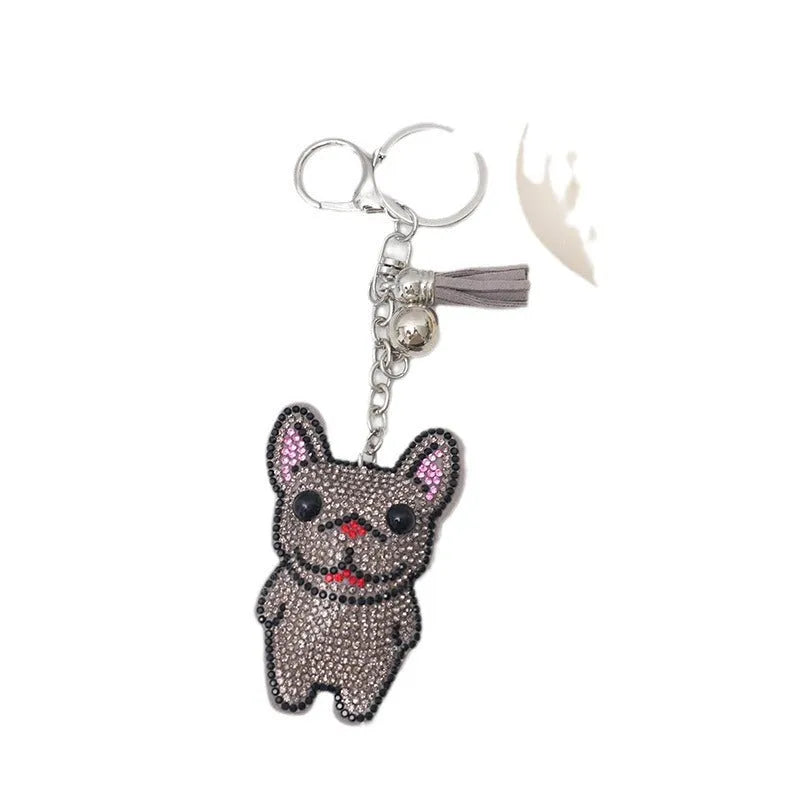 French dog rhinestone keychain with cartoon bear design in caramel colour