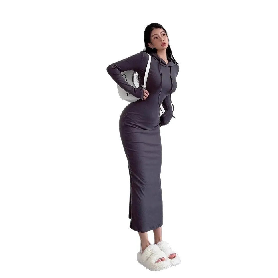 Women's long sleeve hooded sheath dress in grey with over-the-knee length and high waist.