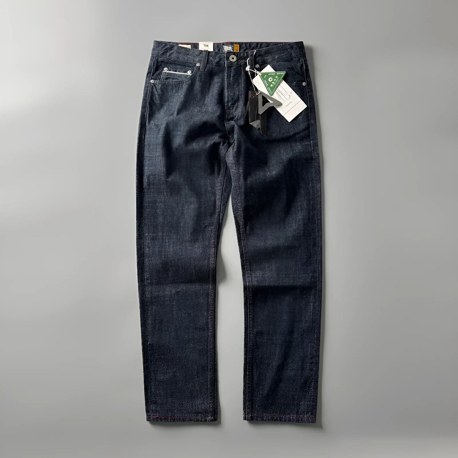 Men's straight leg jeans in American retro style with mid waist design and cotton denim fabric