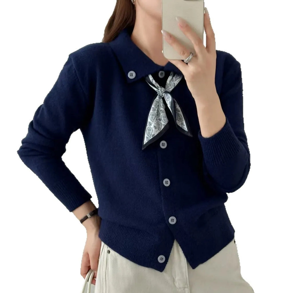 Beige cardigan sweater with lapel scarf collar and splicing design detail
