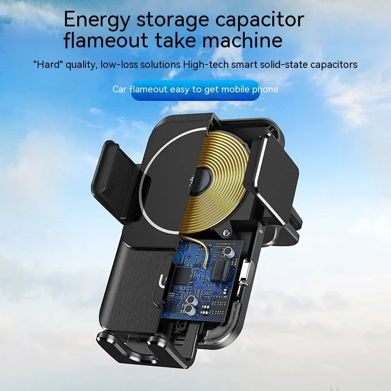 Black car wireless phone charger holder showing both clip and suction cup mounting options