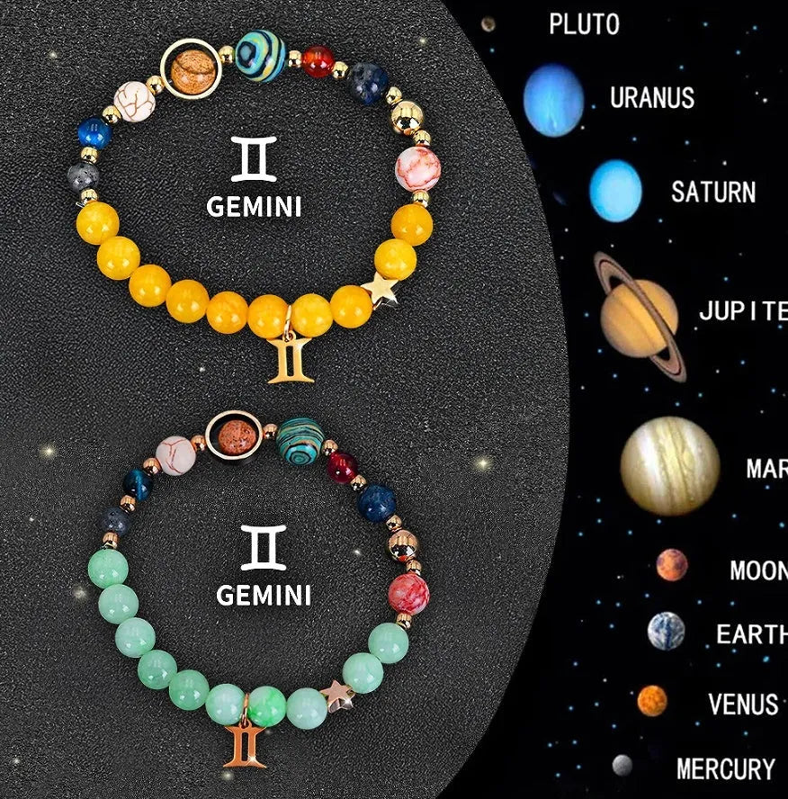 Two natural stone beaded bracelets with zodiac charms on an adjustable elastic band.