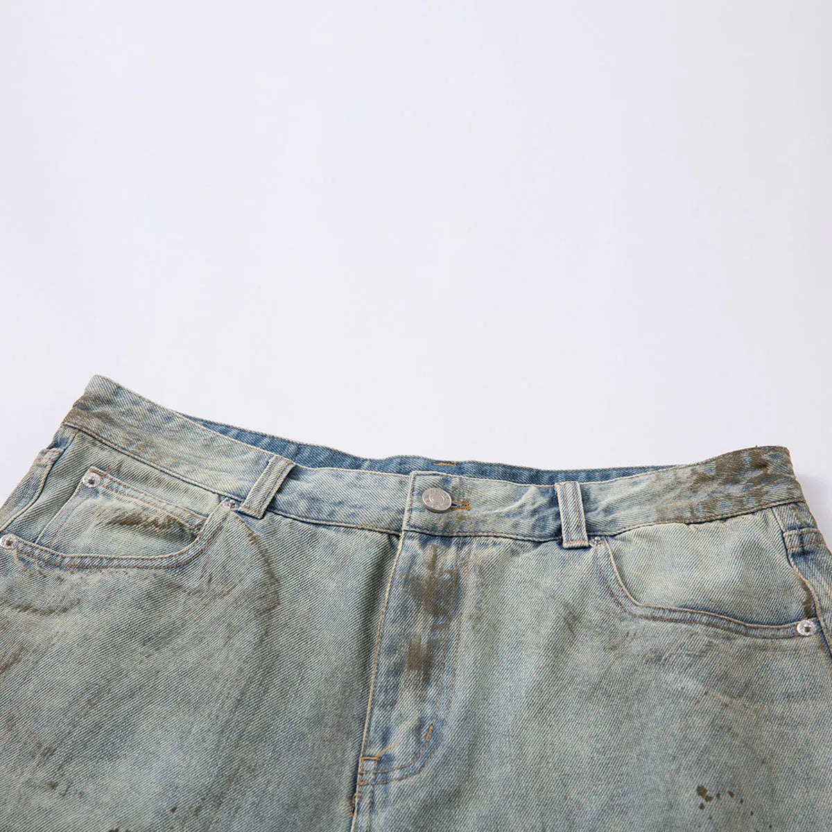 Blue washed straight-leg cropped denim trousers with zip fly closure on hanger