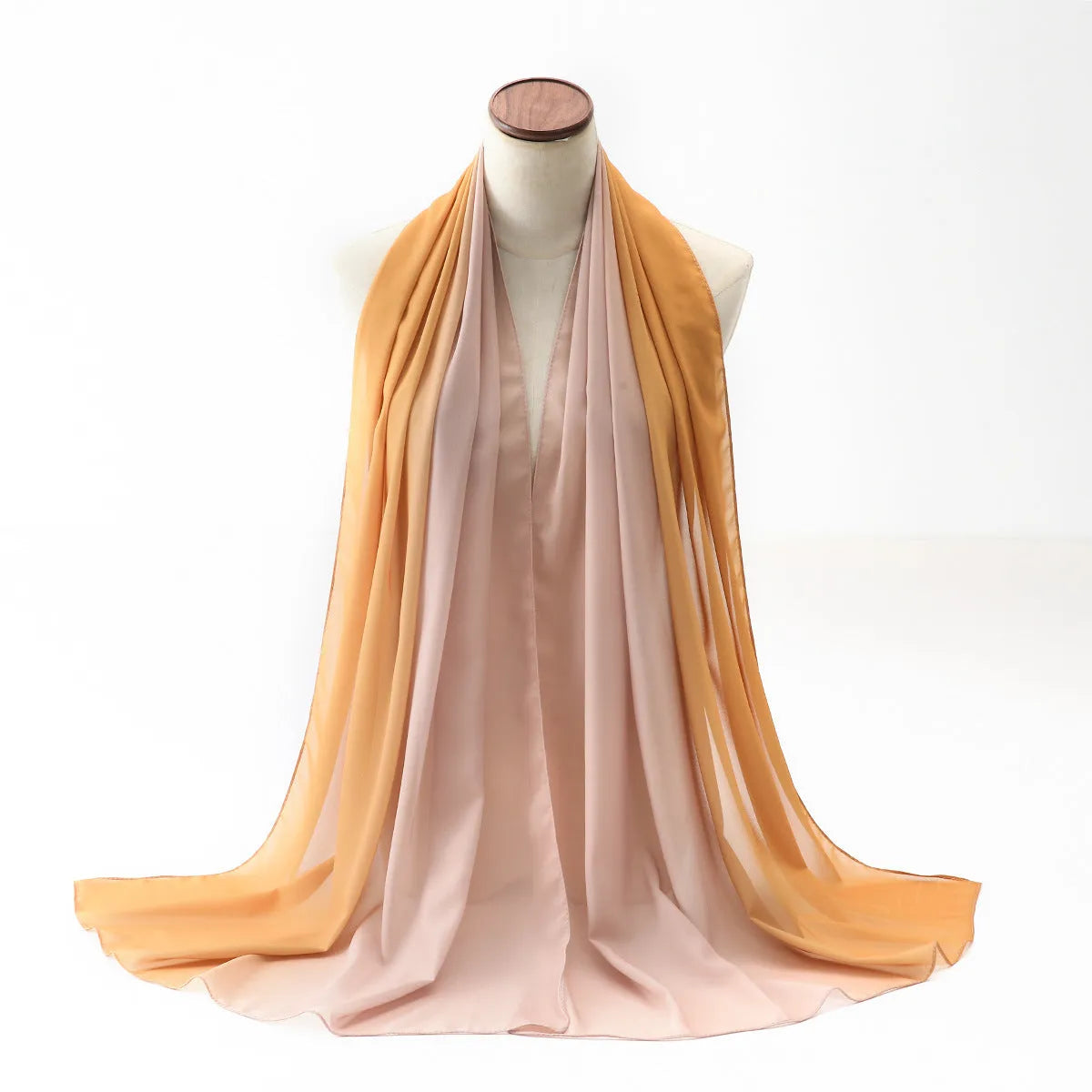 Long lightweight chiffon summer scarf for women draped to show its 175cm length and soft fabric.