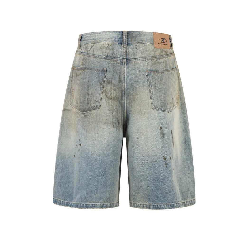Blue washed straight-leg cropped denim trousers with zip fly closure on hanger