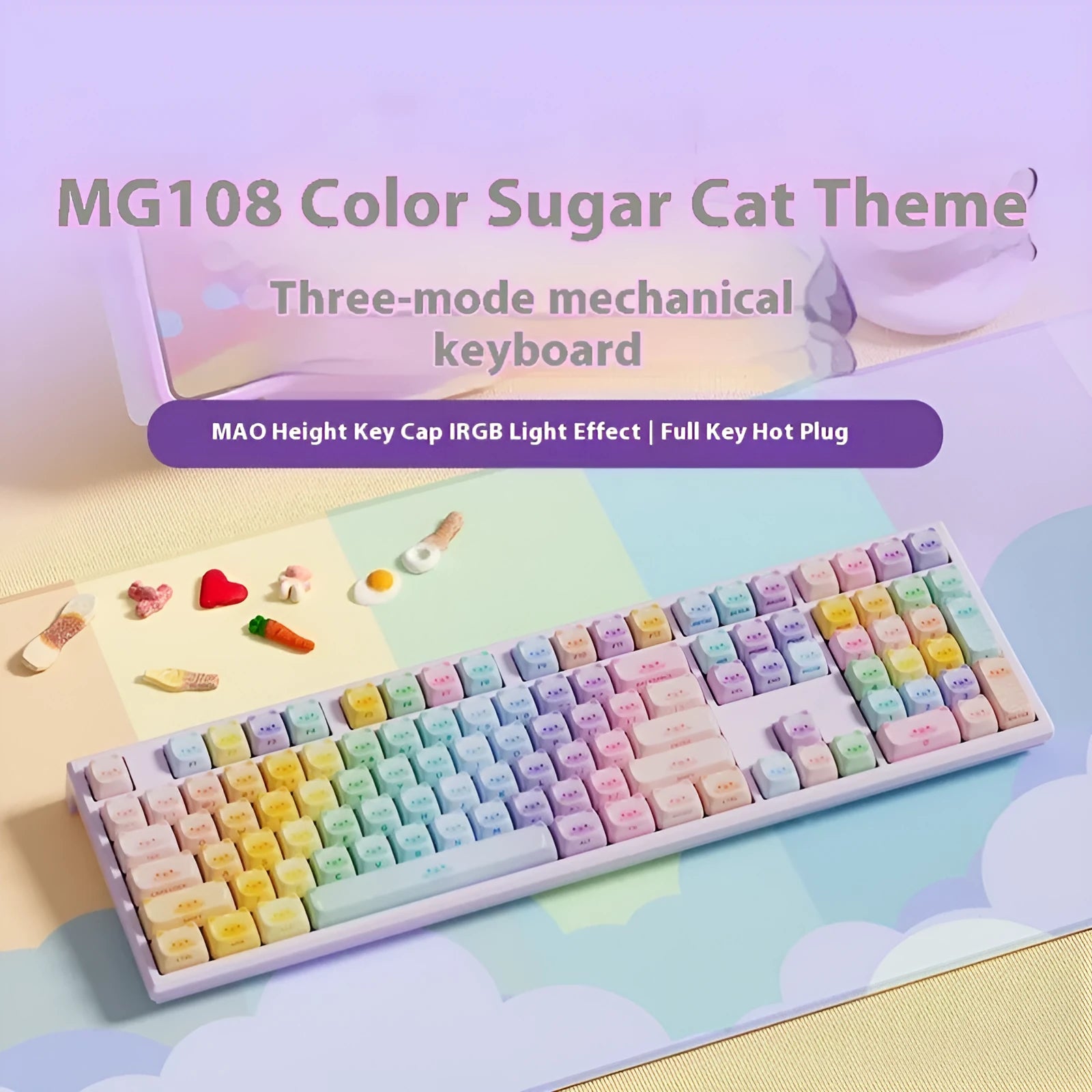 Coloured sugar cat design Bluetooth mechanical keyboard with piano shaft switches