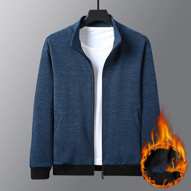 Men's black stand-up collar zip-front jacket in an athletic fit on a hanger.