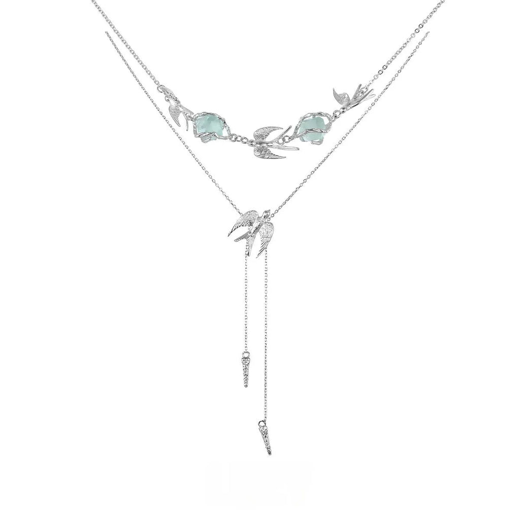 Flying bird fluorite pendant necklace in 925 silver with white gold finish on adjustable chain