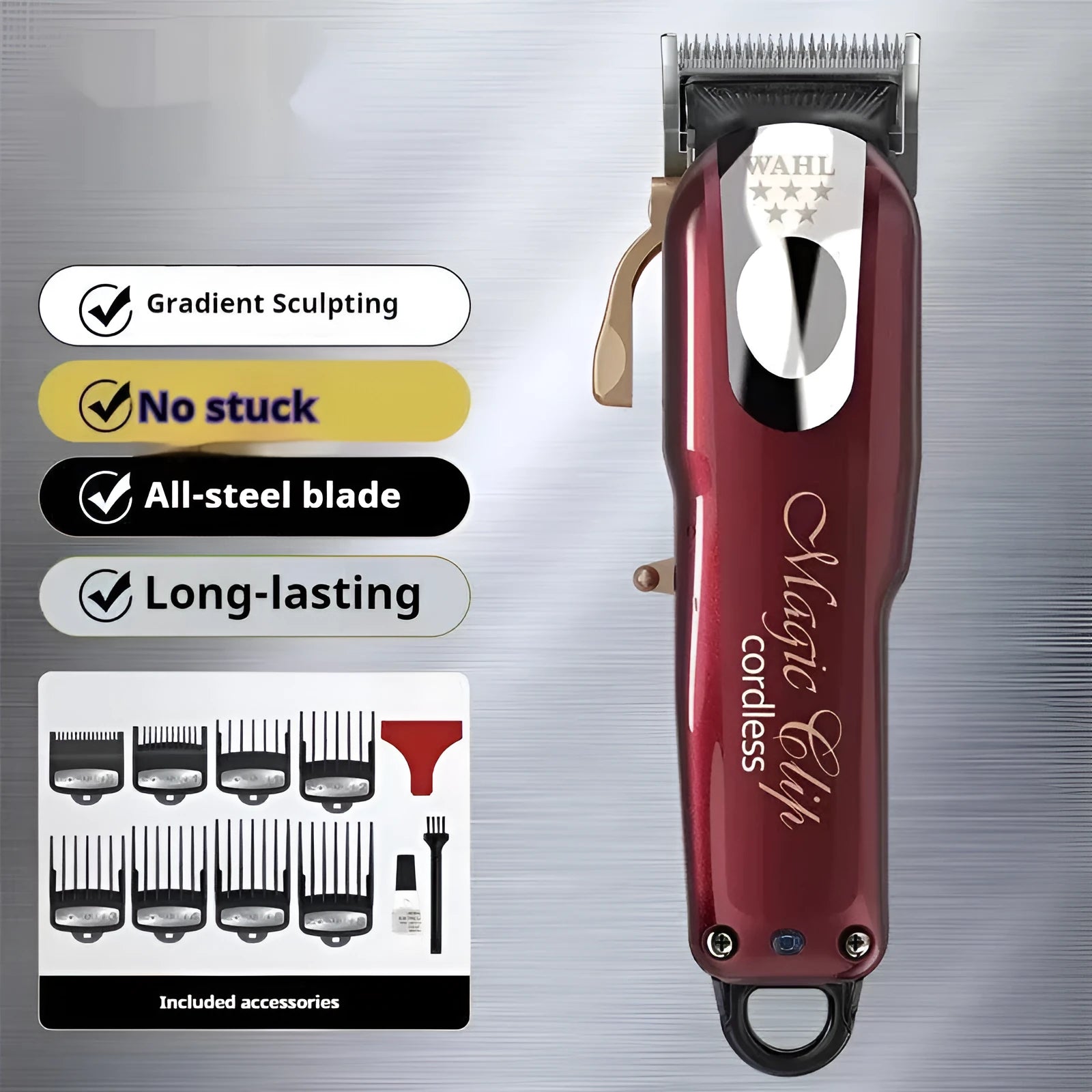 Hair cutting set with charging clippers and stainless steel cutter head including EU UK US plug adapters